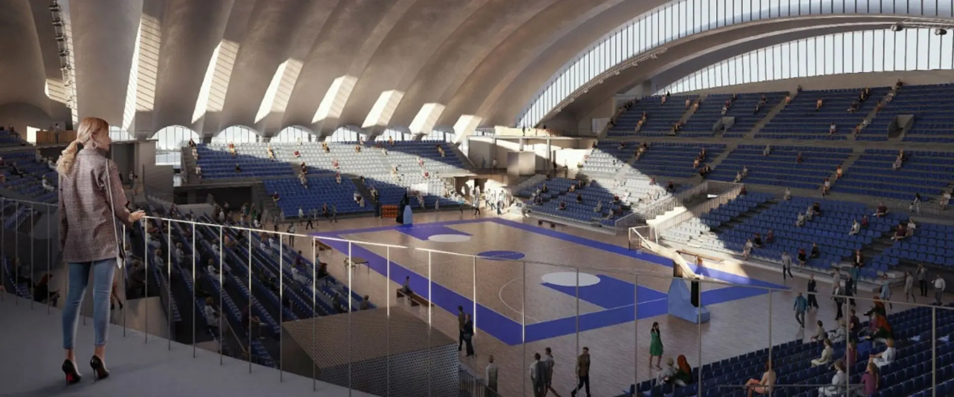 Pista central con espacio abovedado con vigas de hormigón y graderío