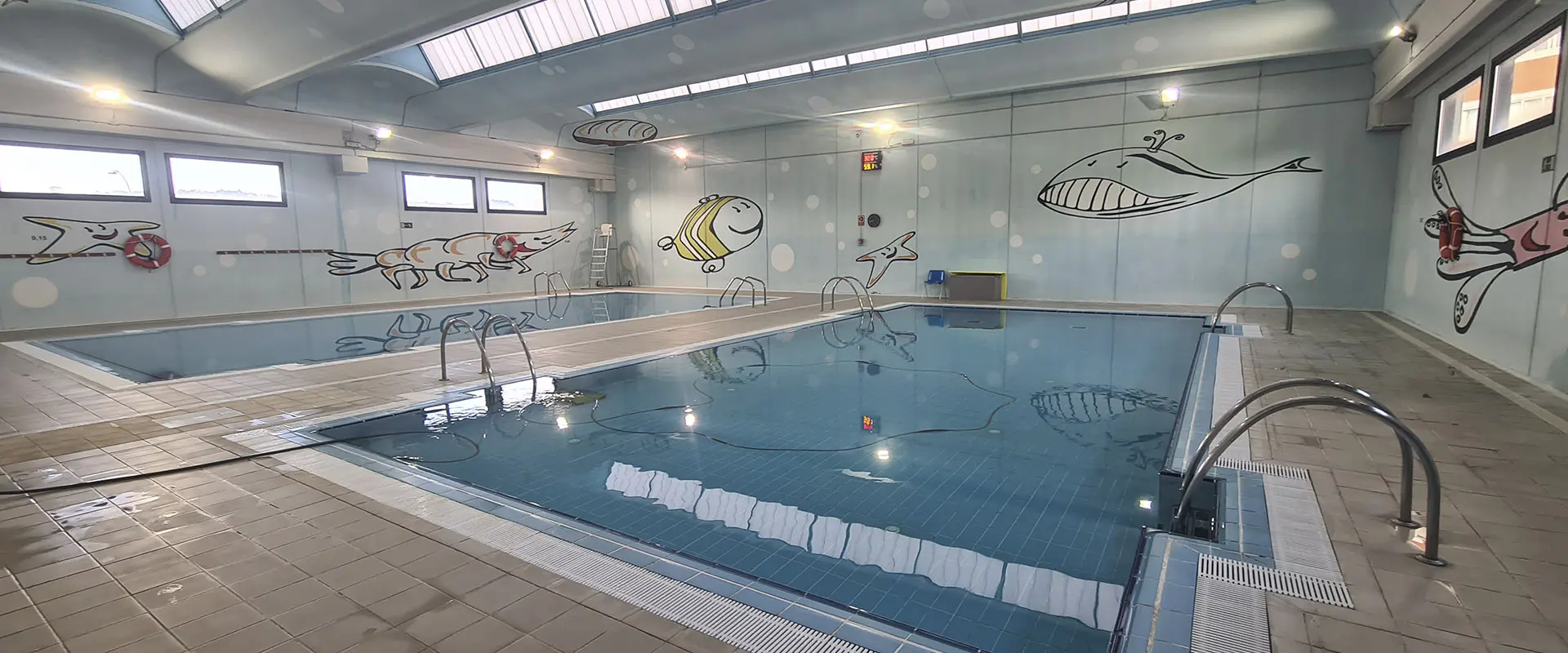 Detalle de las piscinas de aprendizaje, con barandillas de acceso y pinturas de peces, de carácter infantil, en las paredes