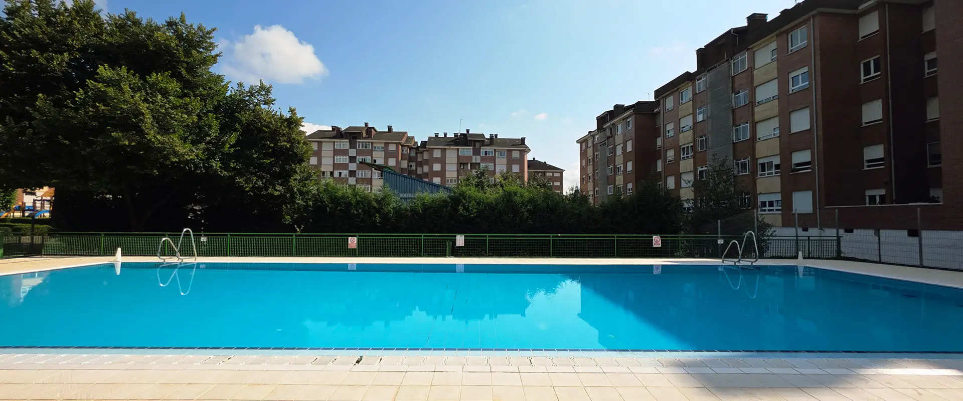 vista lateral, prácticamente completa de la piscina con vegetación al fondo