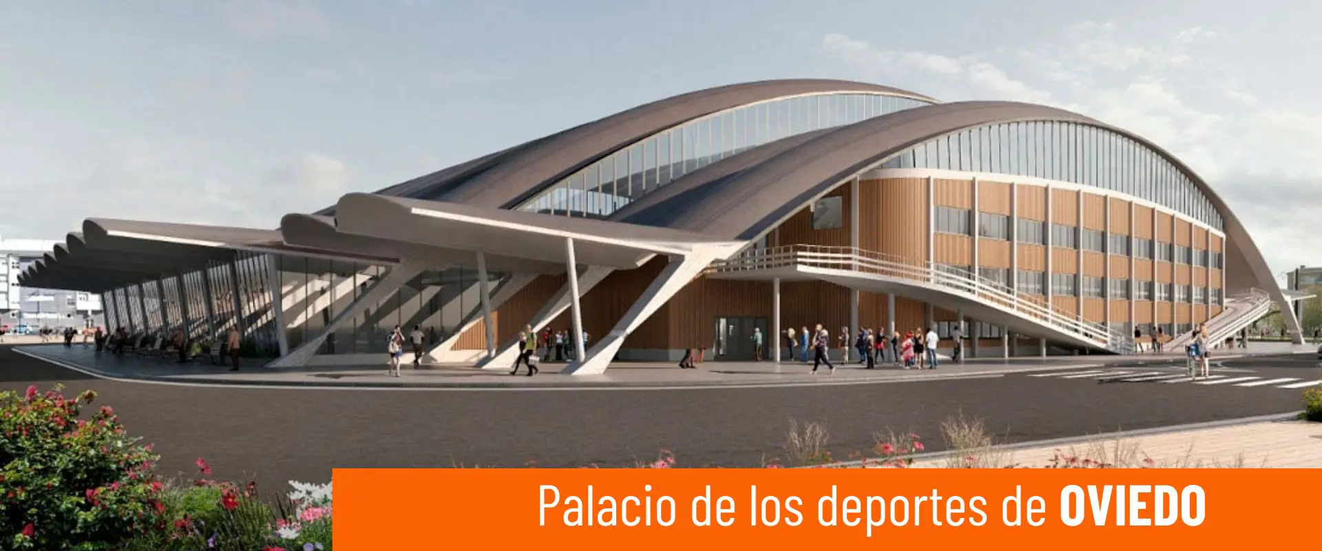 Exterior del Palacio de los Deportes con cubierta en forma de caparazón de tortuga, gris de zinc mate y fachada acristalada 