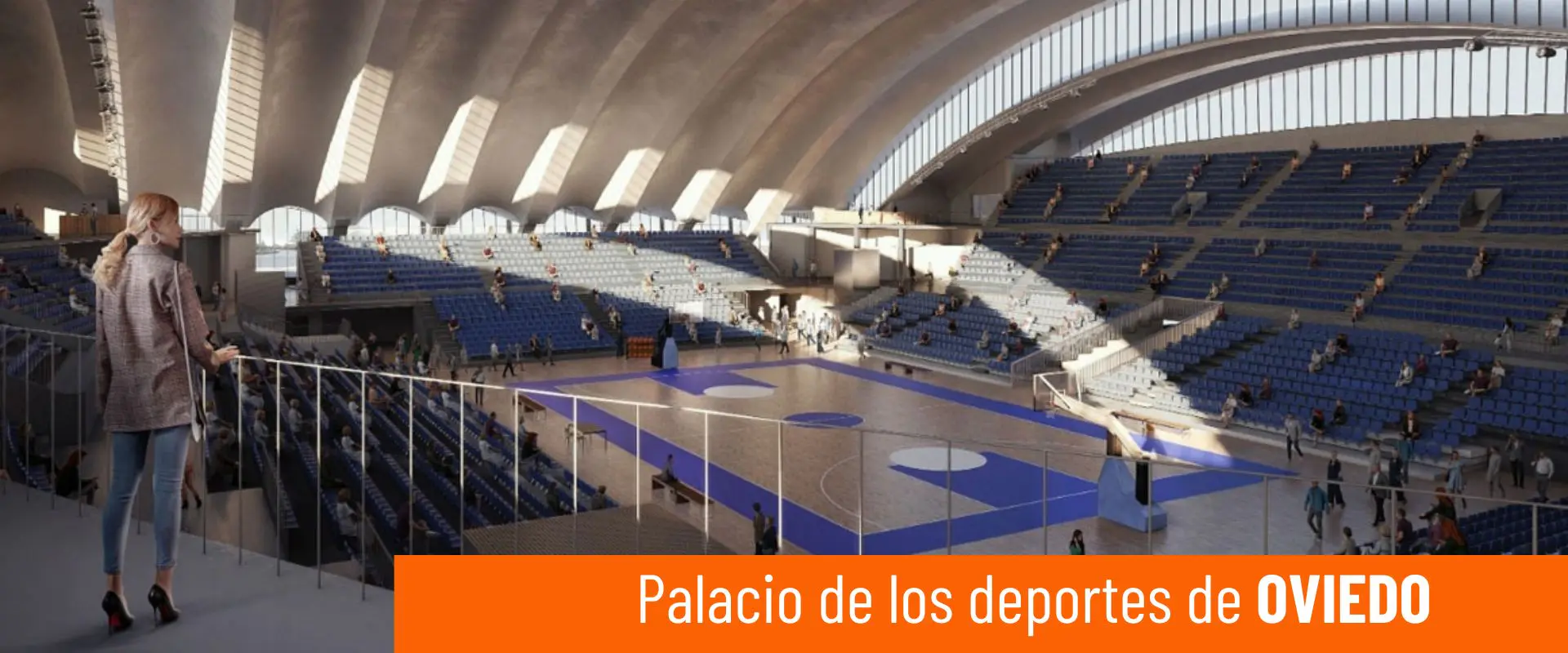 Palacio de los Deportes. Pista central con espacio abovedado con vigas de hormigón y graderío 