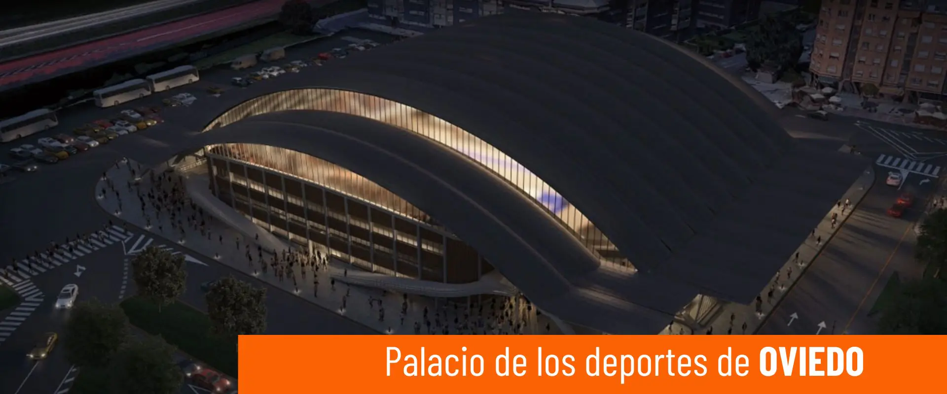 Vista cenital nocturna del Palacio de los Deportes destaca la ondulación de su cubierta 