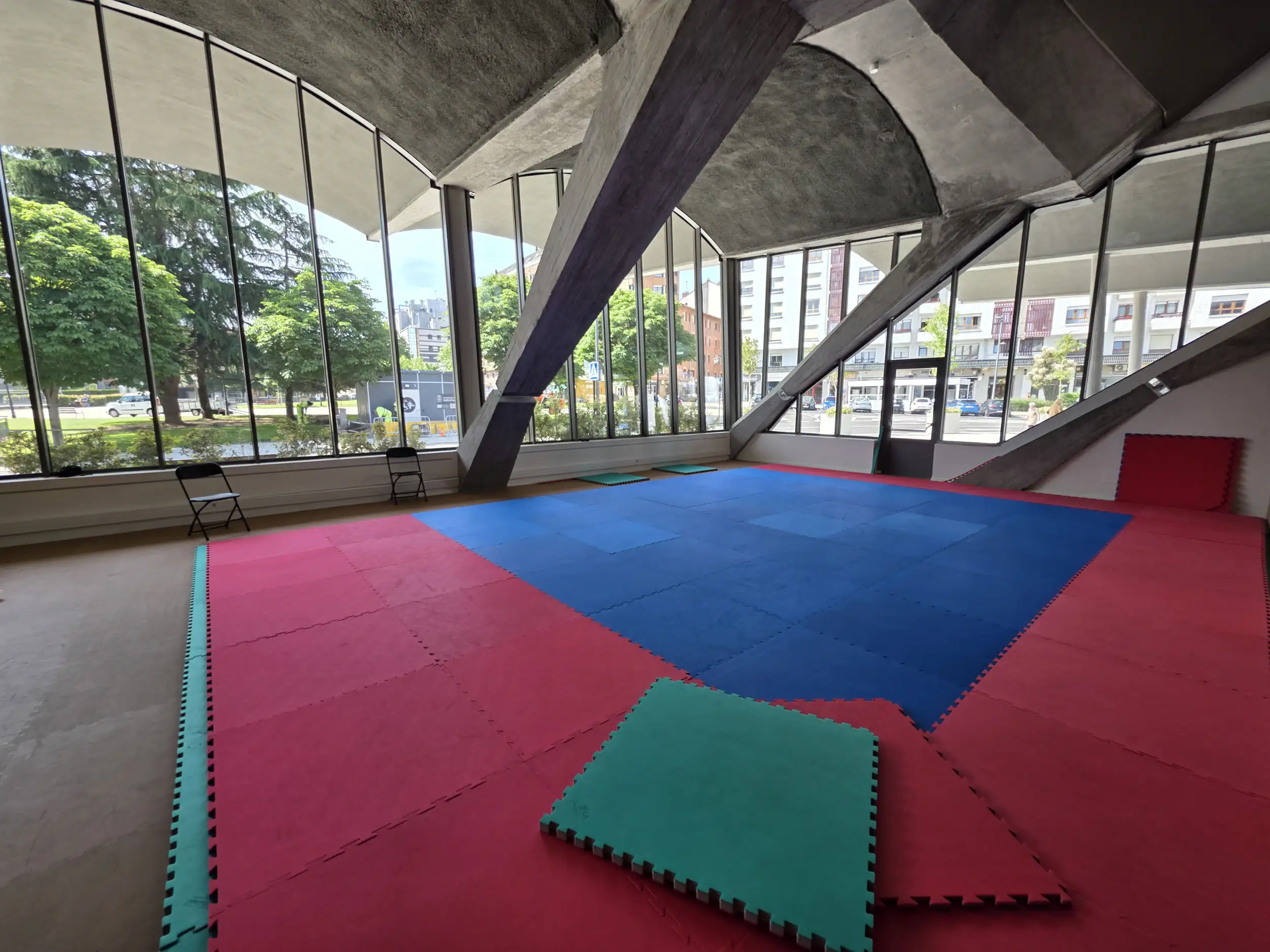 Sala de tatamis del Palacio de los Deportes de Oviedo con superficie acolchada para entrenamiento y grandes ventanales