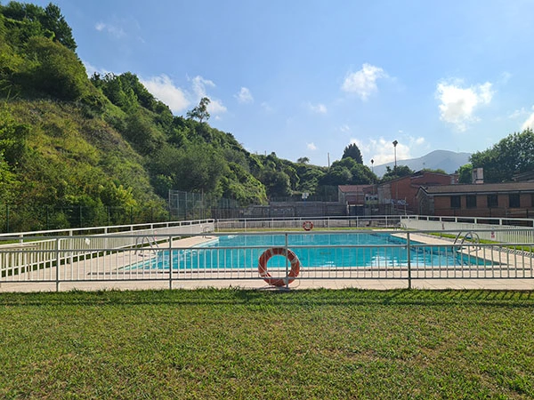 Vista de la piscina desde uno de los fondos, bosque al fondo