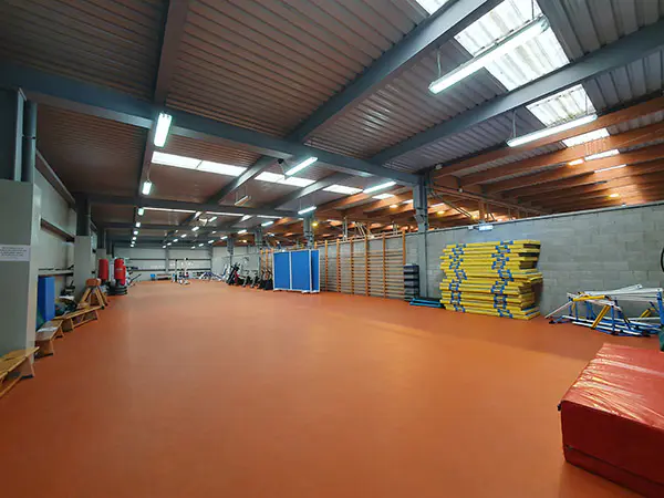 Interior del Gimnasio, al fondo aparatos para ejercicios, en lateral colchonetas apiladas,bancos y sacos de boxeo 